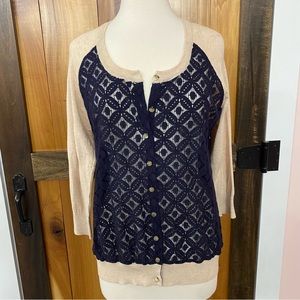 XL NWT Navy Lace and Beige Cardigan w/ Disco Buttons and Polka Dotted Back